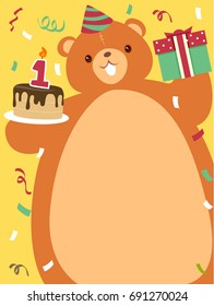 Colorful Birthday Illustration Featuring a Brown Bear Carrying a Birthday Cake and a Birthday Gift