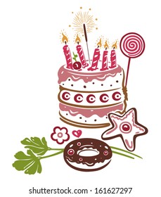 Colorful birthday illustration, pie with candy