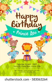 Colorful birthday invitation card with cute circus animals on grass set one