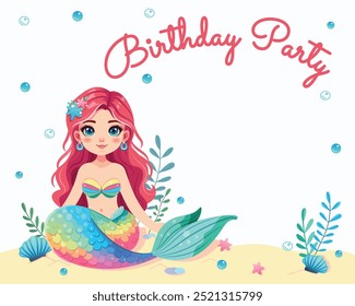 Colorful birthday invitation with cute mermaid girl and beautiful colored tail sitting underwater. Vector Illustration in flat cartoon style