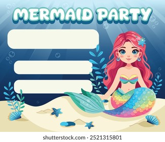 Colorful birthday invitation with cute mermaid girl and beautiful colored tail sitting underwater. Vector Illustration in flat cartoon style