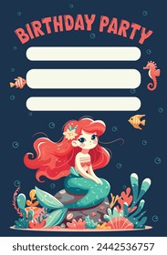 Colorful birthday invitation with cute and modest mermaid sitting on the stone with seaweed. Vector Illustration