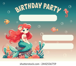 Colorful birthday invitation with cute and modest mermaid sitting on the stone with seaweed. Vector Illustration