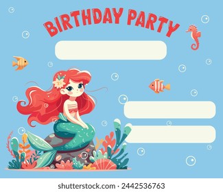 Colorful birthday invitation with cute and modest mermaid sitting on the stone with seaweed. Vector Illustration