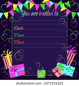 Colorful birthday invitation with gifts, flags, bubbles and text box. Party elements in vibrant colors on a black background. Cartoon vector illustration.