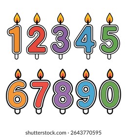 Velas coloridas do número do aniversário 0-9 com a ilustração do vetor da chama
.
