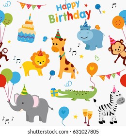 Colorful birthday party background with cute animals and birthday graphics.