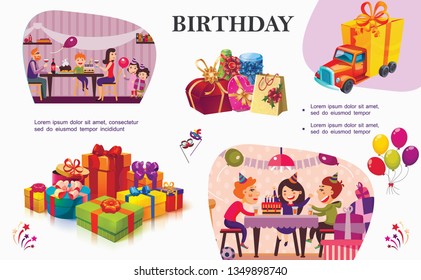 Colorful birthday party concept with gift boxes of different shapes bright balloons toy truck masquerade masks family celebrating birthday at home vector illustration 