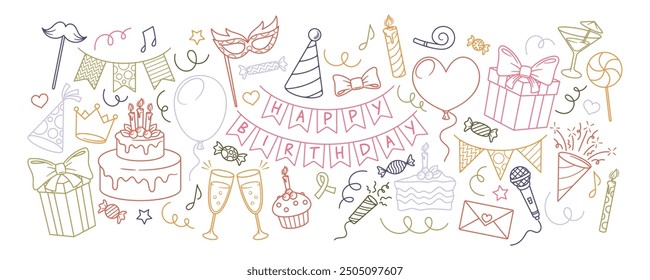 Colorful Birthday Party Doodles With Cake, Balloons And Decorations In Linear Style For Celebrations And Invitations