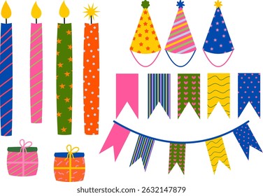 Colorful Birthday Party Elements – Flat Vector Celebration Clipart Set. A vibrant and playful collection of flat vector birthday party elements. This festive set includes colorful candles, party hats,
