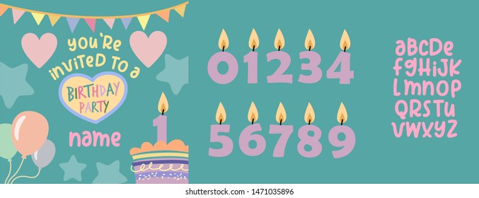 Colorful Birthday Party Invitation Card Template Vector  Anniversary card With Numbers Candle,  Cake,  color balloons, heart, stars and Funny Alphabet 