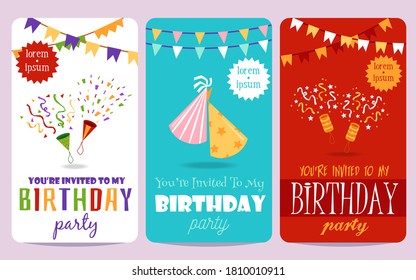 Colorful birthday party invitation set - festive You're invited card template collection with confetti poppers, party hats and garland decorations. Flat vector illustration.