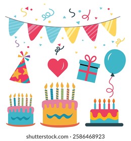 Colorful Birthday Party Vector Set, Festive Cake, Balloons, Gifts and Decorations. Perfect for Invitations, Posters, and Social Media. High Quality EPS an PNG for Stock and Graphic Design Trends 2024.