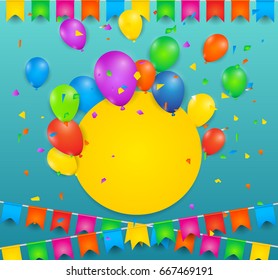 Colorful Birthday poster with balloons, Colored flags  and confetti on blue background  - vector background with copy space.