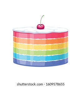 Colorful birthday rainbow cake decorated with cherry vector illustration. Bakery icon.