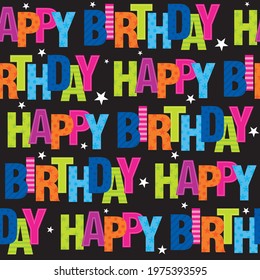 colorful birthday seamless pattern on black color background