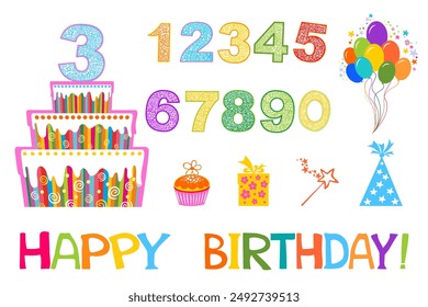 Colorful Birthday Set isolated on white background. Set of simple and cute items for design. Candles on birthday cakes with age numbers from one to ten, isolated vector icons. Happy birthday, party 