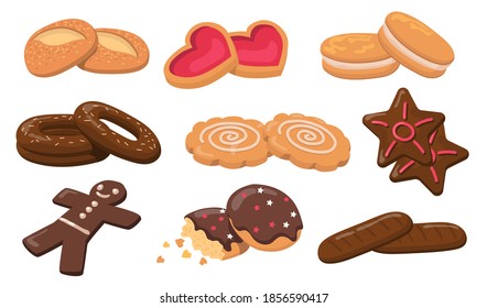 Colorful biscuits and cookies flat elements set. Cartoon fresh round sweet tasty cookies for dessert isolated vector illustration collection. Pastry and confectionery concept