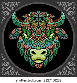 Colorful bison head zentangle arts, isolated on black background