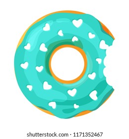 Colorful bitten donut on white background, flat vector illustration