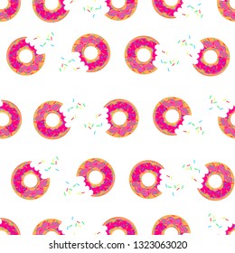 Colorful bitten donut seamless pattern with pink icing on a white background, cartoon vector illustration.