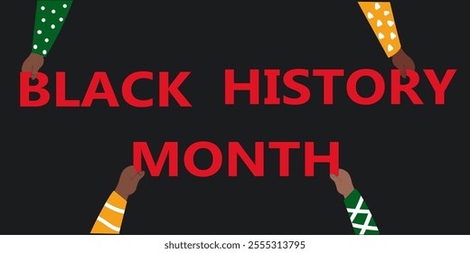 Colorful Black History Month banner. African American people holding red text. Celebrated annually in February.