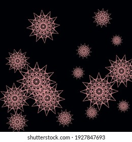 Colorful Black Pink Folk Winter Ornament. Mandala Sharp Print Dark Mystery Sky Background. GirlGothic New Year Winter Mystery Composition. Cold Christmas Snowflakes Chaotic Stars Design Pic.