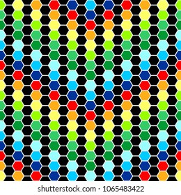 Colorful and black seamless background on which the arrow points down. Vector polygonal pattern made of hexagon.