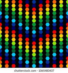 Colorful and black seamless background on which the arrow points down. Vector polygonal pattern made of hexagon.