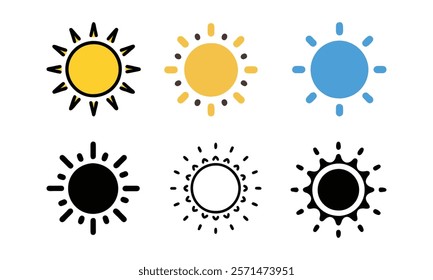 Colorful and black sun icon set, A collection of six sun icons in various styles, featuring bright colors and black designs, symbolizing warmth, energy, and sunlight. 
