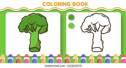 Colorful and black and white broccoli hand drawn cartoon doodle coloring book for kids