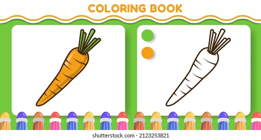Colorful and black and white carrot hand drawn cartoon doodle coloring book for kids
