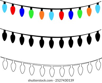 Colorful, Black and White Christmas Lights Garland Illustration For Holiday Decorations, Christmas, New Year, Seasonal Festivities, and other Holiday Projects.
