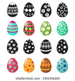 Colorful and black and white easter eggs icons vector set