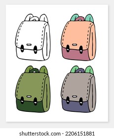 colorful and black and white Hand drawn Vector Sketch Doodle Backpacks. Casual Backpack, Fashion Backpack. Vector illustration. Back to school.