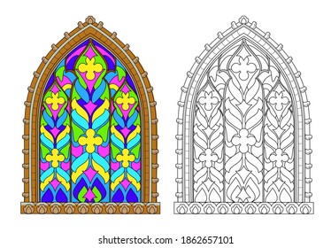 Colorful and black and white illustration of Gothic stained glass window. Coloring book for children and adults. Medieval architectural style in Western Europe. Worksheet for drawing and meditation.