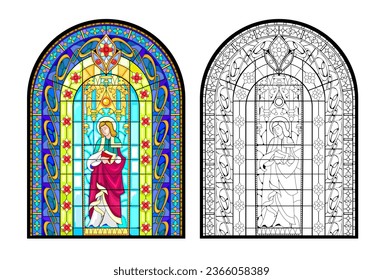 Colorful and black and white illustration of Gothic stained glass window with Peter the Apostle. Coloring book for children and adults. Medieval architectural style in Western Europe. Vector image.