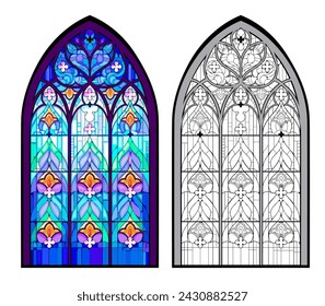 Colorful and black and white illustration of Gothic stained glass window. Coloring book for children and adults. Medieval architectural style in Western Europe. Worksheet for drawing and meditation.