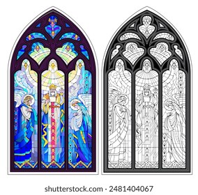 Colorful and black and white illustration of Gothic stained glass window. Illustration of holy apostles. Coloring book for children and adults. Medieval architecture in Western Europe. Vector drawing