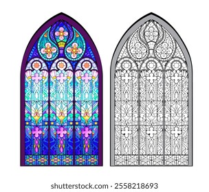 Colorful and black and white illustration of Gothic stained glass window. Coloring book for children and adults. Medieval architectural style in Western Europe. Flat vector drawing.