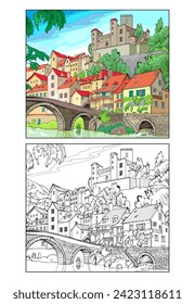 Colorful and black and white image for coloring. Worksheet for coloring book for children and adults. Travel around France. Bridge over canal in Chateaulin. Ancient architecture. Flat cartoon vector