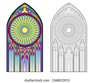 Colorful and black and white image of Gothic stained glass window with beautiful rose in center. Printable worksheet for coloring book for children. Medieval architectural style in Western Europe.