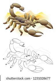 Colorful and black and white page for coloring book. Fantasy illustration of poisonous insect scorpion in the desert. Worksheet for children and adults. Vector cartoon image.