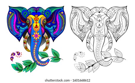 Colorful and black and white page for coloring book for kids. Illustration of stylized Indian elephant head. Printable worksheet for children. Pattern for modern oriental print. Hand-drawn vector.