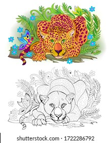 Colorful and black and white page for coloring book for children and adults. Illustration of a cute leopard in jungle. Printable worksheet for kids textbook. Exercise book. Flat vector cartoon.