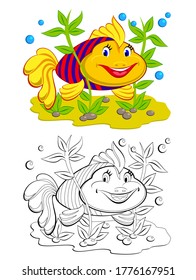 Colorful and black and white page for coloring book. Illustration of cute toy goldfish. Printable worksheet for children exercise book. Online education. Flat cartoon vector. Animals for kids.