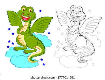 Colorful and black and white page for coloring book. Illustration of cute toy dragon. Printable worksheet for children exercise book. Online education. Flat cartoon vector. Animals for kids.