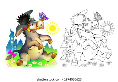 Colorful and black and white page for coloring book. Illustration of cute little donkey. Printable worksheet for children exercise book. Online education. Clip-art cartoon vector. Animals for kids.