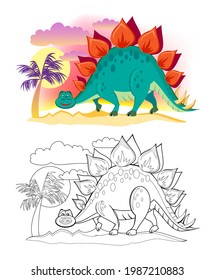 Colorful and black and white page for coloring book. Illustration of cute stegosaurus. Printable worksheet for children exercise book. Online education. Clip-art cartoon vector. Animals for kids.