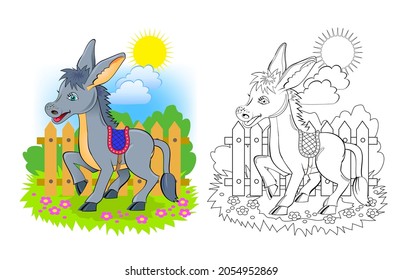 Colorful and black and white page for coloring book. Illustration of cute domestic donkey. Printable worksheet for children exercise book. Online education. Clip-art cartoon vector. Animals for kids.